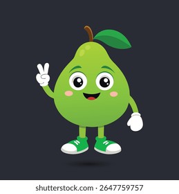 A cheerful green pear character with a leaf and stem, wearing white gloves and green shoes, stands against a dark background making a peace sign with its left hand.