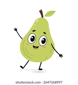 A cheerful green pear character with a smiling face and rosy cheeks waves its arms against a white background.