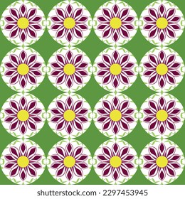 Cheerful green, red, and yellow flower pattern with stylized geometric design and playful floral illustrations, ideal for festive holiday wallpaper or calming botanical prints.