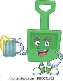 A cheerful green sand bucket cartoon mascot style toast with a glass of beer. Vector illustration