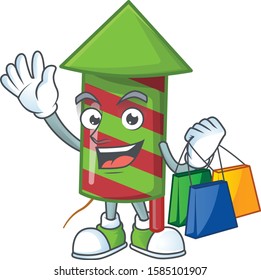 Cheerful green stripes fireworks rocket cartoon character waving and holding Shopping bags