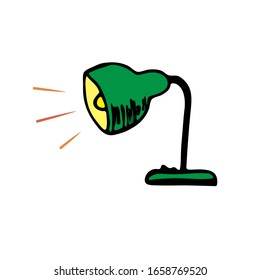 A cheerful green table lamp emitting light. Small icon for website or illustration for school books, lighting stores, element of home interior, office. Vector isolated image on a white background.