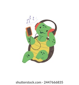 A cheerful green turtle character, in a sitting pose, enjoys music with headphones and a phone in his paws. Flat vector illustration, ideal for children's design elements.