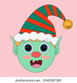 Cheerful green-faced Christmas elf wearing a striped red and green hat. Perfect for holiday cards, decorations, and New Years designs.