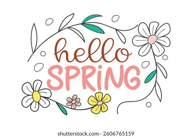 A cheerful greeting of Hello Spring, adorned with flowers.