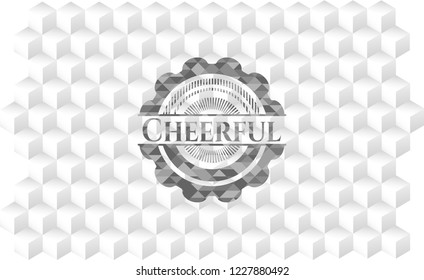 Cheerful grey badge with geometric cube white background