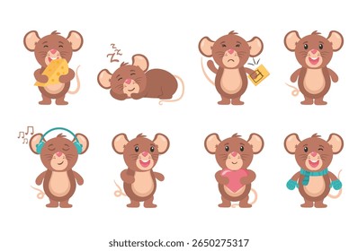 Cheerful grey mouse cartoon mascot wildlife baby pet cheese vector illustration flat design character little smile icon animal graphic drawing tail set comic fun cute cartoon isolated nature


