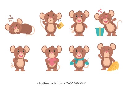 Cheerful grey mouse cartoon mascot wildlife baby pet cheese vector illustration flat design character little smile icon animal graphic drawing tail set comic fun cute cartoon isolated nature

