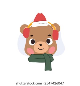 A cheerful grizzly bear cartoon dressed in a festive Christmas outfit and scarf, spreading holiday joy