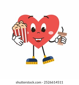 cheerful groove style heart holds popcorn and drink. Retro sticker for Valentine Day on February 14th. cute character for birthday greetings.