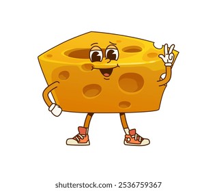 Personagem de paz de queijo groovy alegre. Edam fatia personagem cômico, cheddar pedaço de queijo duro ou camembert laticínios alimento triângulo peça infantil groovy vetor personagem, parmesão cunha mascote bonito