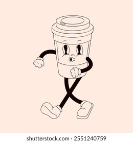 Cheerful groovy coffee cup character with an energetic walk and a playful expression. Ideal line art cartoon design for vintage poster.