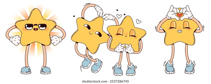 Cheerful groovy star mascots wearing blue sneakers with different face expressions. Yellow cartoon figures with various emotions - cool with arms in sides, make heart gesture, loving and shy couple.