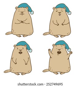 Cheerful groundhog in a blue cap. Groundhog Day