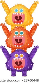 A cheerful group of alien monsters and their friends in a cartoon illustration