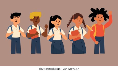 A cheerful group of boys and girls happily holding books and backpacks