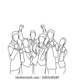 Cheerful Group Of Business People Holding Raised Hands Happy Successful Team Doodle Silhouettes On White Background Vector Illustration