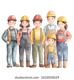 A cheerful group of cartoon construction workers, various ages and genders, are depicted in a friendly, collaborative pose. Each character wears a hard hat and work clothes.