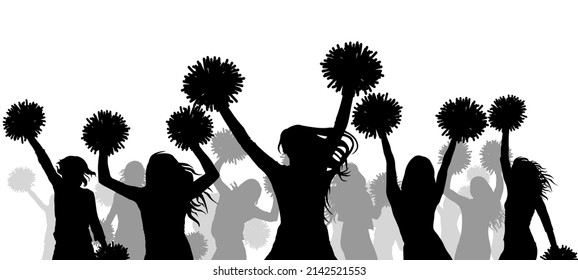 Cheerful group of cheerleders girls with pom-poms, silhouette. Vector illustration