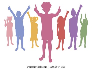 Cheerful group of children. Silhouettes of happy boys and girls. Vector illustration