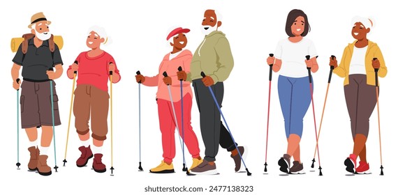 Cheerful Group Of Diverse Elderly Characters Engage In Nordic Walking, Demonstrating A Healthy And Active Lifestyle. People Exude Camaraderie, Fitness, And The Joy Of Outdoor Activities, Vector Set