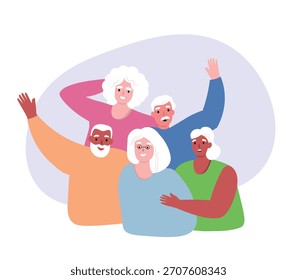 A cheerful group of elderly people with gray hair. Old men and women, pensioners, rejoice together, living life to the fullest. Vector flat graphics.