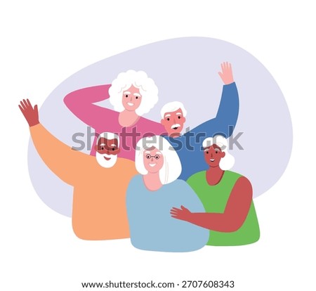 A cheerful group of elderly people with gray hair. Old men and women, pensioners, rejoice together, living life to the fullest. Vector flat graphics.