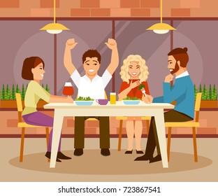 Cheerful group of friends sitting in a cafe. Friendship and communication. Vector illustration