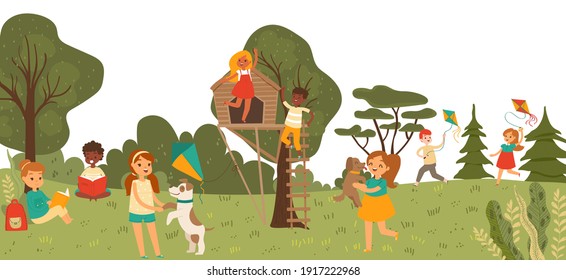 Cheerful group kid character playing together in outdoor park, treehouse children playground flat vector illustration. Girl boy play garden, child funny spend time, walk dog and read book.