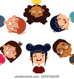 
Cheerful Group of Kids Smiling Together Feeling Content Vector Cartoon Design. Diverse friends playing a game all together celebrating friendship
