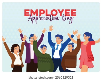 A cheerful group of people celebrate Employee Appreciation Day. Symbolizes teamwork, fun, and friendship in the office. Employee Appreciation Day concept. Flat vector illustration.