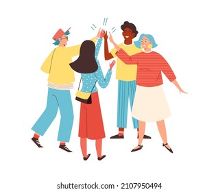 Cheerful group of people give high five, flat vector illustration isolated on white background. Concepts of diversity, teamwork and togetherness.