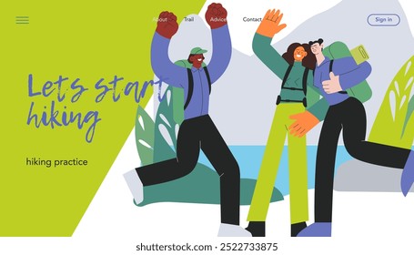 Cheerful group of people jump, male, females perform on nature background. Hiking outdoor adventure, active tourists, trekking and backpacking. Vector illustration. Let's start hiking. Website banner.