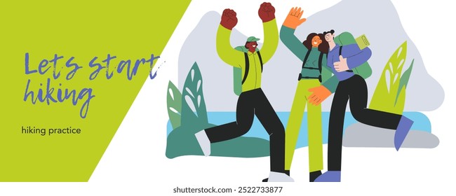 Cheerful group of people jump, male, females perform on nature background. Hiking outdoor adventure, active tourists, trekking and backpacking. Vector illustration. Let's start hiking. Website banner.