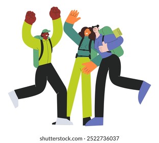 Cheerful group of people jump, male and females perform. Hiking outdoor adventure, active tourists, trekking and backpacking. Modern flat vector illustration.
