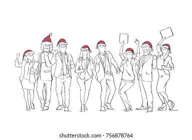 Cheerful Group Of People Wearing Santa Hats Celebrating Merry Christmas Winter Holidays Human Sketches Vector Illustration