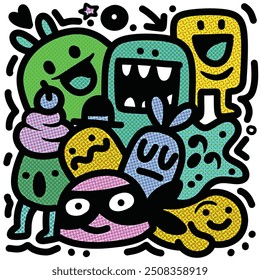 A cheerful group of playful cartoon monsters in various colors, featuring diverse expressions and a fun Halftone effect that adds a retro comic vibe.
