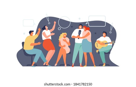 Un grupo alegre de amigos cantantes y bailarines en una fiesta en casa. Ilustración vectorial de recreación y ocio
