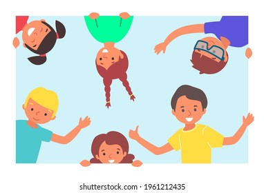 Cheerful group young kid people character together smiling frame board, teenager wave hand flat vector illustration, isolated on white.