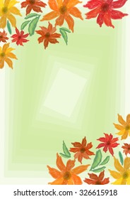 Cheerful grunge spring background with colorful flowers on light green blend area, place for own text, message. Useful for invitation, leaflet, poster, bill