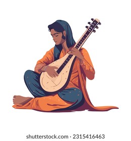 Cheerful guitarist playing acoustic sitar icon isolated