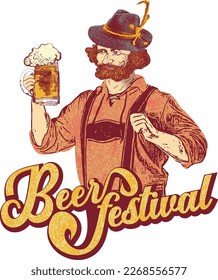 Cheerful guy in a Bavarian hat with a mug of beer and the inscription Beer Festival. Engraving style. Isolated illustration for banner, background, card, mural, poster.