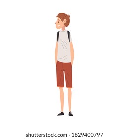 Cheerful Guy in Casual Clothes Standing with Backpack, International College or University Student Character Vector Illustration