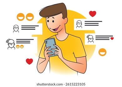 Cheerful guy is chatting on phone. Funny people. Illustration concept template for website, web landing page, banner, presentation, social, poster, promotion or print media.
