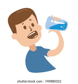 Cheerful guy drinking water on a white backgroud. Isolated flat illustration. Cartoon vector image.