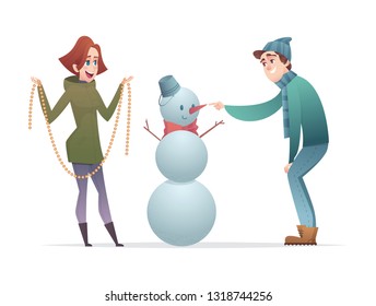 Cheerful guy and the girl make a snowman. Cartoon modern characters design.