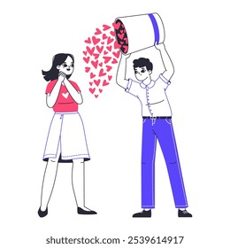 Cheerful guy giving hearts. Valentine's day love sharing, romantic male character giving hearts to his girlfriend flat vector illustration. People in love