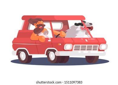 Cheerful guy going by car with dog vector illustration. Cartoon bearded smiling man driving red automobile and having fun. Amusing pet sitting on passenger seat near owner flat style concept