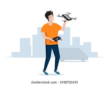 Cheerful guy launches a drone. Vector illustration.