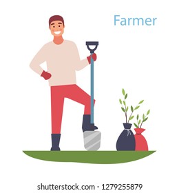 Cheerful guy plants trees. Young guy working in the garden. Natural landscape. Flat vector design.